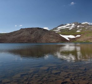 Lake Kari and the massif of Mount Aragats