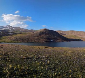 Lake Kari and the massif of Mount Aragats