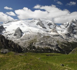 View of the Marmolada massif during the ascent to the ferrata