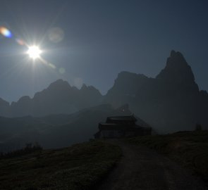 The Passo di Rolle road saddle and the Cimon della Pala mountain