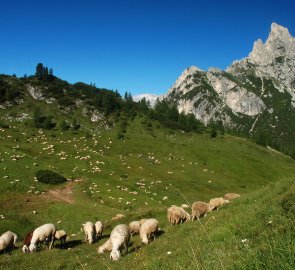 Hora Sass de Stria na začátku cesty ze sedla Passo Falzarego