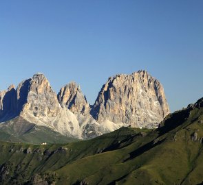 View of Sassolungo from the ascent of the Marmolada, Austrian Alps in the background