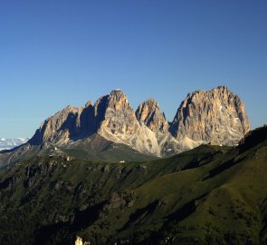 View of Sassolungo during the ascent to Marmolada