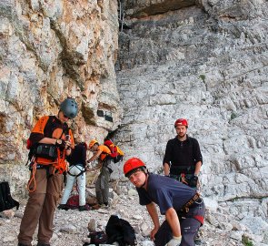 Getting on the Giovanni Lipella ferrata in the Dolomites