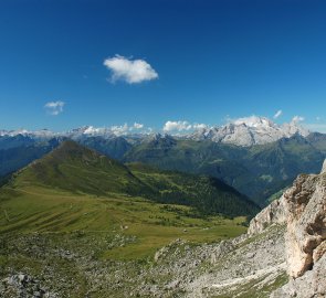 Marmolada and the Dolomites during the climb to Nuvolau