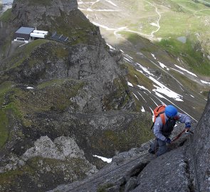 Initial harder perpendicular passage of ferrata delle Trincee