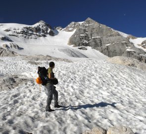 View of the Marmolada, the correct ascent route leads through the middle couloir, we took the glacier on the left