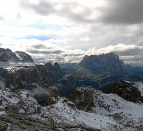 View of the Sella and Sassolungo massifs in the Italian Dolomites