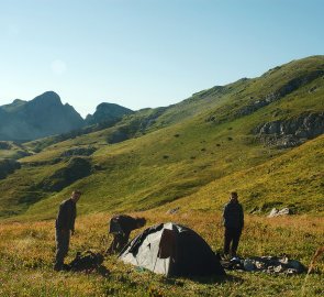 Bivouac in the Carev do mountain cauldron in the Maglić Mountains