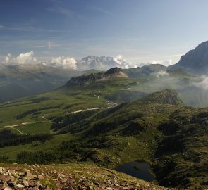 Landscape between Passo di Rolle and Passo di Valles, in the background the highest mountain of the Dolomites - Marmolada 3 343 m above sea level.