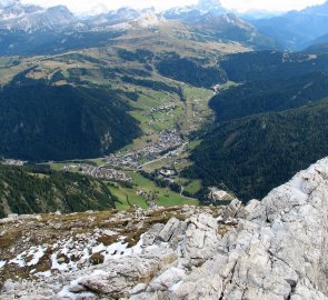 Aerial view of the town of Coravara in Badia from the Sas di Ciampac mountain