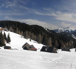 Salaše Göriacher Alm, v pozadí Hohe Veitsch