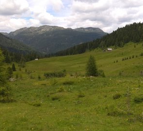 Pohled od Winkler Alm na vrcholy Muehlbachernock (2273 m.n.m.) a Frauennock (2270 m.n.m.)