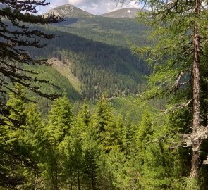 Pohled ze severního úbočí vrchu Kornock na vrcholy Reisseck (2305 m.n.m.) a v pozadí Kilnprein (2408 m.n.m.)