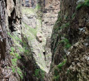 Pohled dolů ze stezky na náhorní plošinu Sentinel Peak v Dračích horách