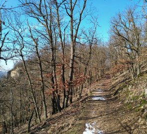 Příchod na hrad Levnov, vlevo jsou vidět zbytky zdí