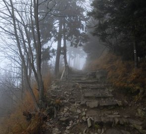 V závěrečné části výstupu na Lysou (nevhodné pro kočárek), bohužel bylo jasné, že se na vrcholu válí mraky