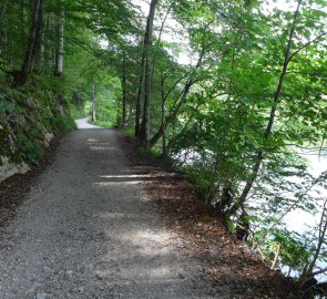 Zpevněná cesta kolem jezera Schwarzensee v pohoří Solné Komory