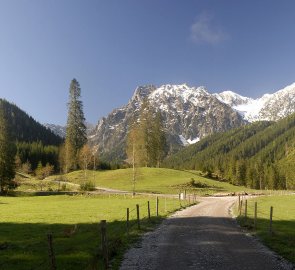 Salaše Mengg Alm, v pozadí hřeben hor Haller Mauern