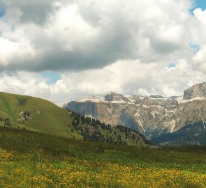 Mount la Crepa Neigra and the Sella massif after descending from Mount Colac