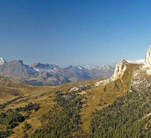 Marmolada and Cima Setsass mountains during the ascent of Sass de Stria in the Dolomites