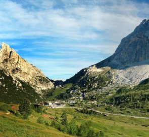 View of the Passo Falzarego saddle and the Sass de Stria and Lagazuoi mountains