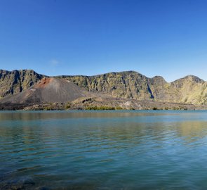 Lake Segara Anak and a smaller volcano in the Gunung Rinjani caldera