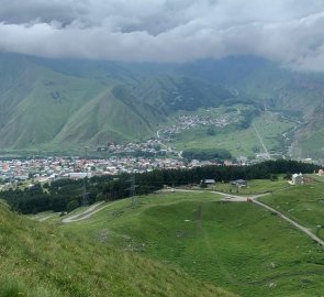 View of Stepantsminda, Mount Kazbeg is in the clouds