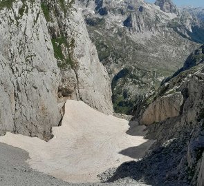 The steep descent is through a snow field